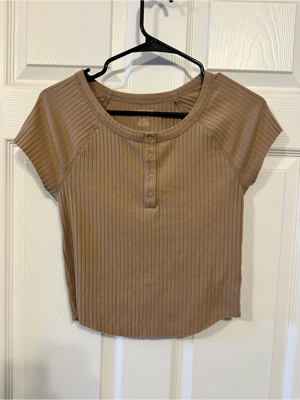 American Eagle Outfitters Ribbed Henley Short Sleeve Top - Brown